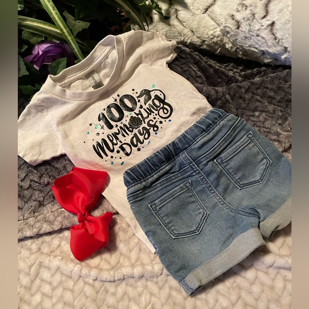 Girls 2T 2 pc set w rolled up denim shorts drawstring elastic waist w 100 day